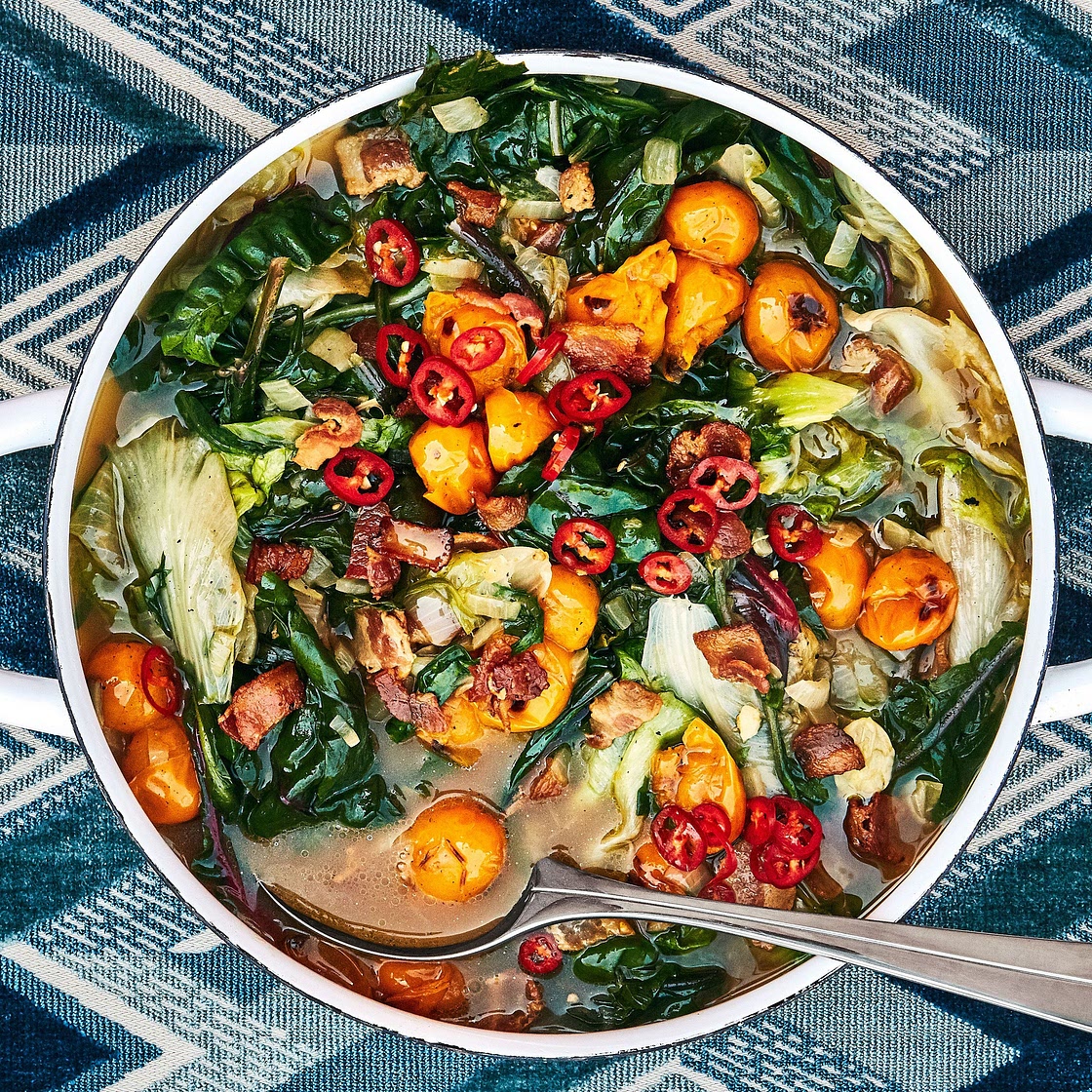 Wilted Greens in Tomato-Bacon Broth Recipe