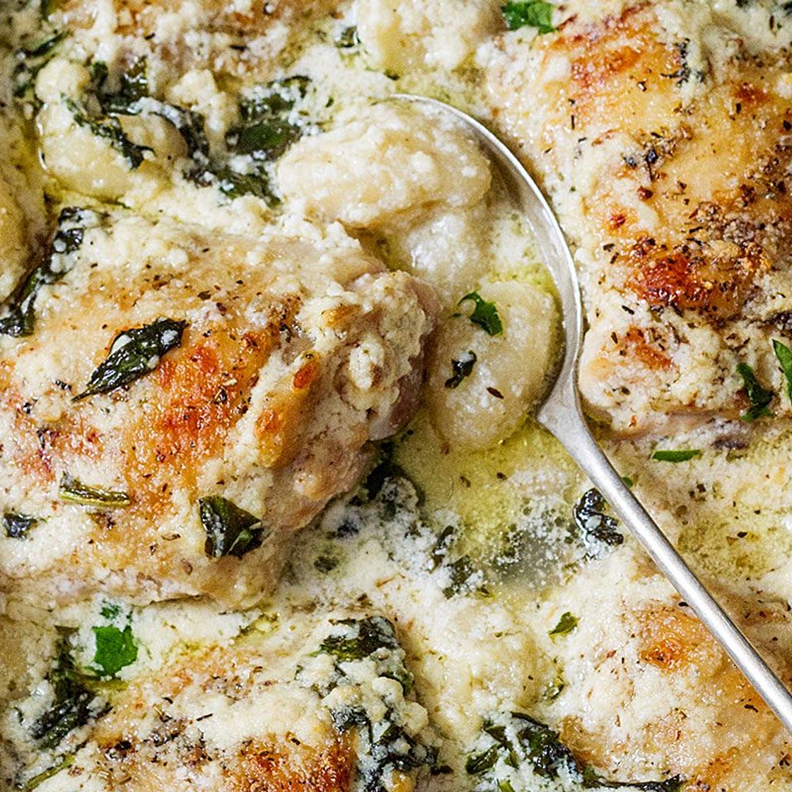 Baked Chicken Gnocchi with Garlic Asiago Cream Sauce