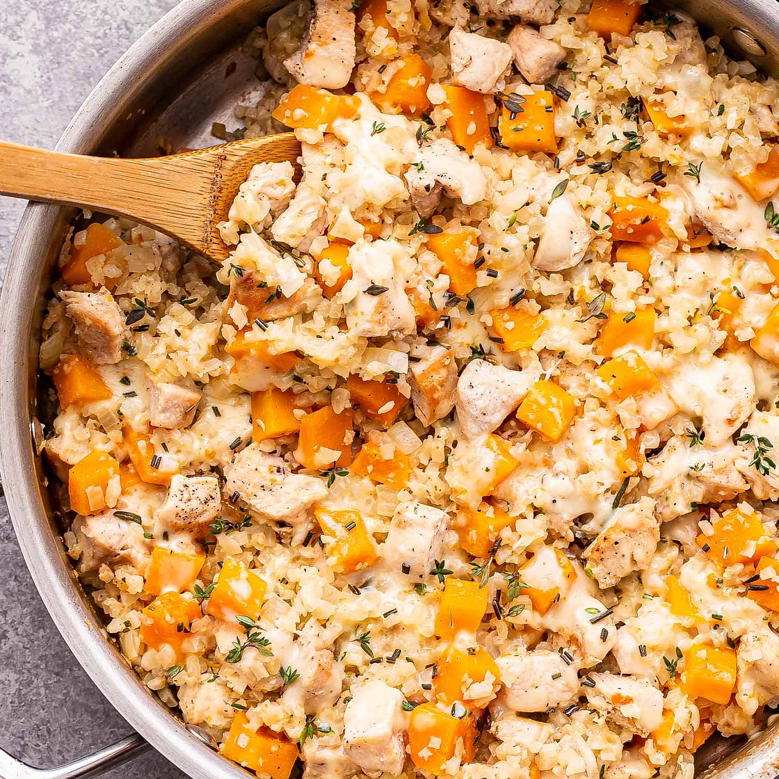 Cheesy Chicken, Butternut Squash and Cauliflower Rice Skillet