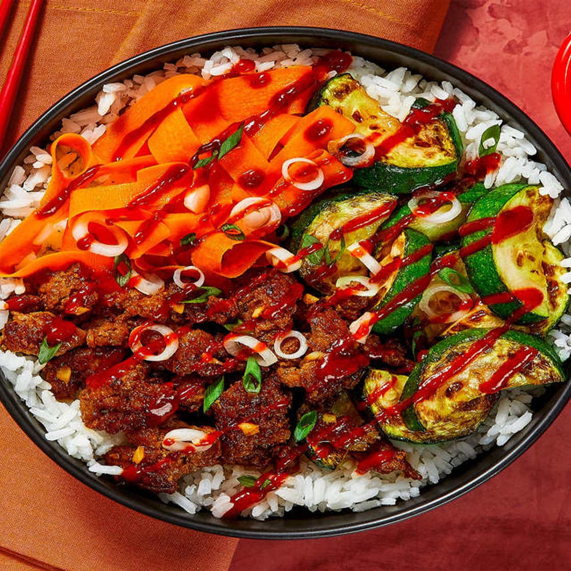 Pork and Veggie Bibimbap with Zucchini, Carrots & Jasmine Rice