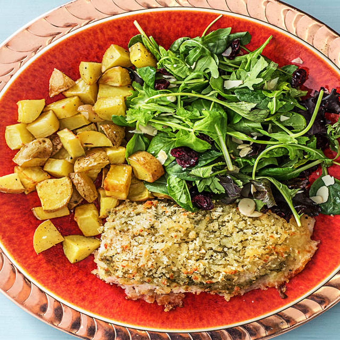 Presto Pesto Panko Chicken with a Green Salad and Roasted Potatoes