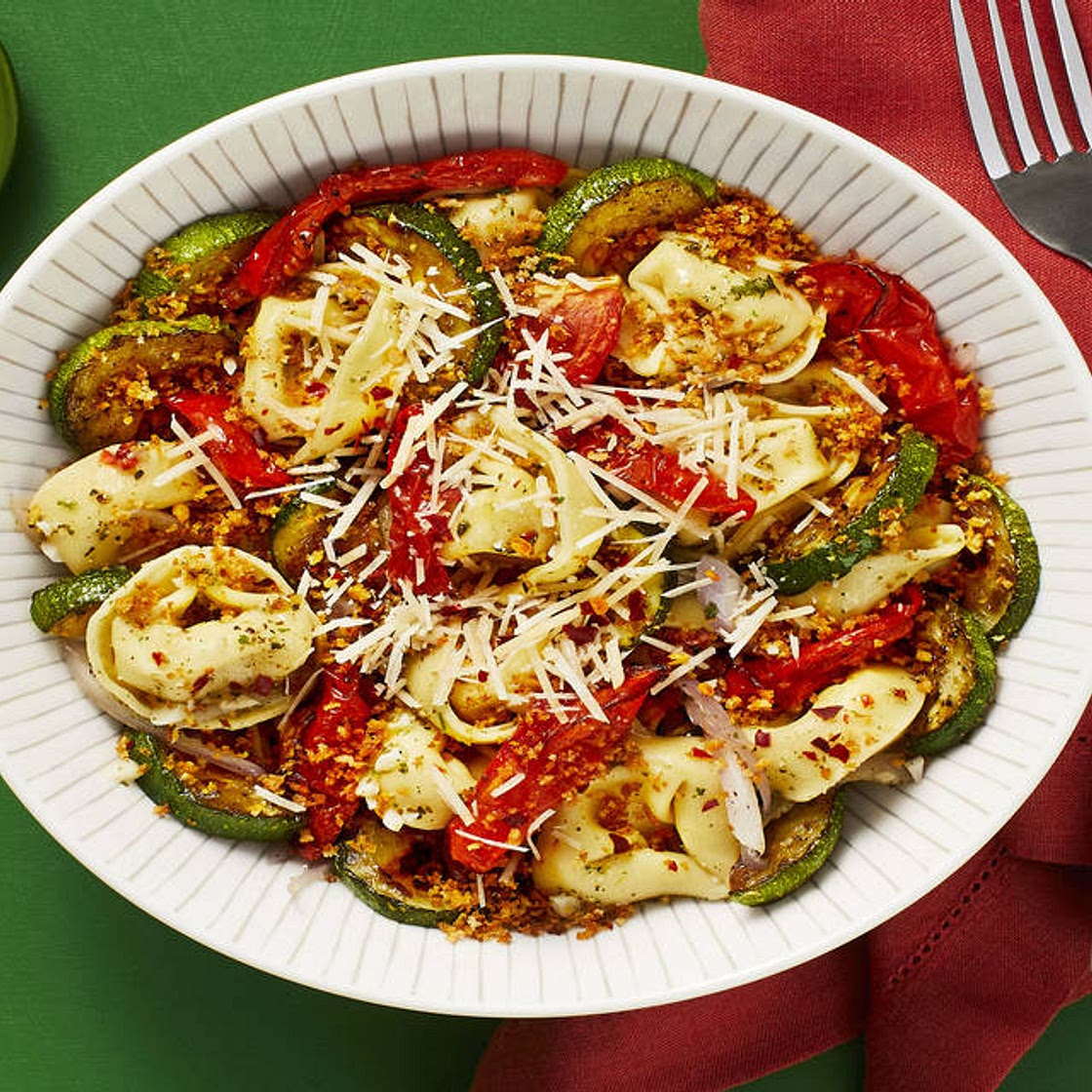 Garlic Herb Tortelloni with Roasted Tomato & Zucchini
