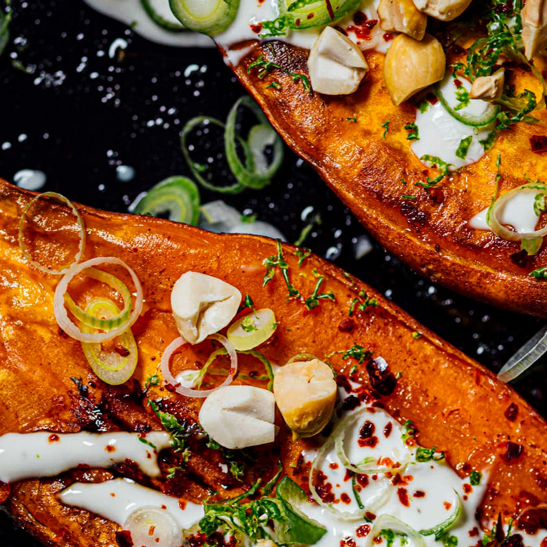 Nik Sharma’s Baked Sweet Potatoes with Maple Crème Fraîche