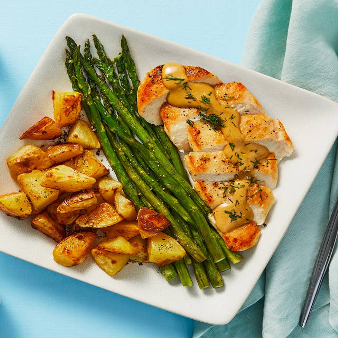 Creamy Dill Chicken with Roasted Potatoes & Asparagus