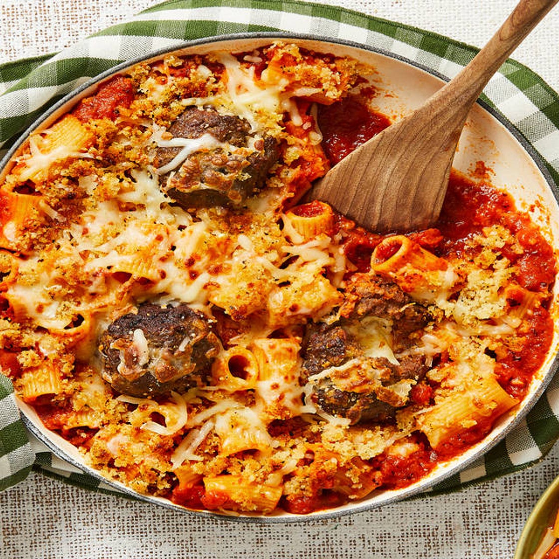 Stuffed-Meatball Rigatoni Bake with a Parmesan & Panko Crust