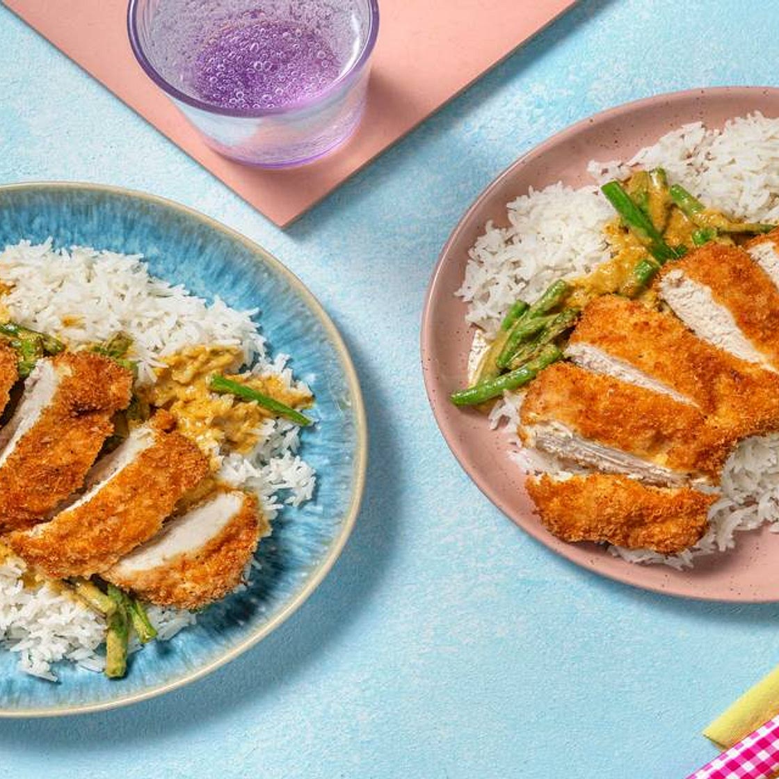 Crispy Breaded Chicken and Korma Sauce with Green Beans and Basmati Rice