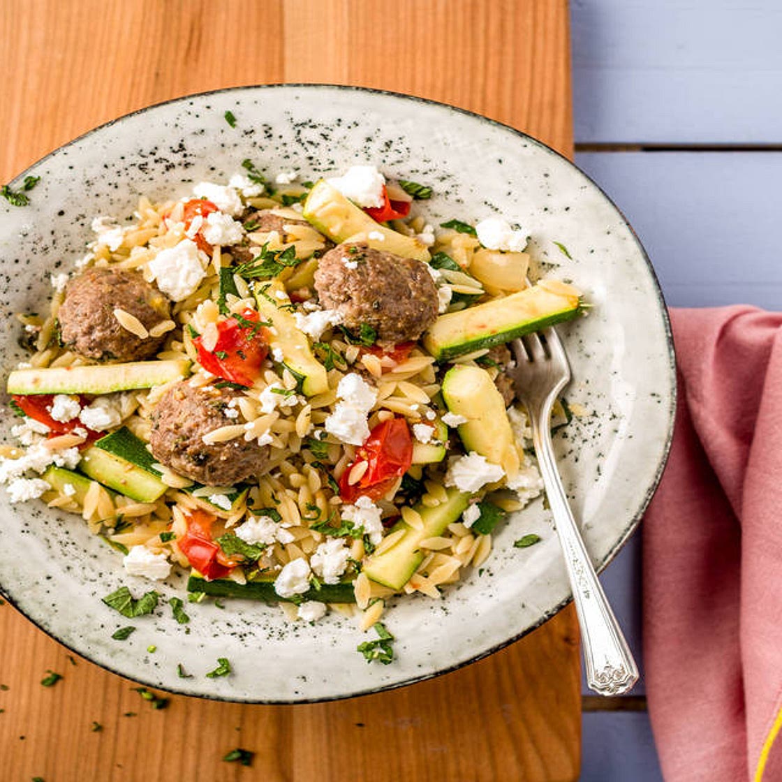 Oven Baked Greek Style Meatballs with Orzo and Veggies