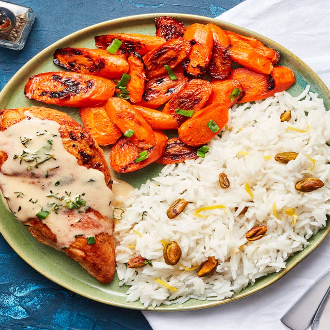 Paprika Chicken in a Lemony Sauce with Pistachio Rice & Roasted Carrots
