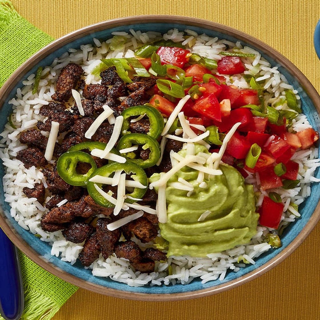 Carne Asada Steak Bowls with Tomato Scallion Salsa and Avocado Crema