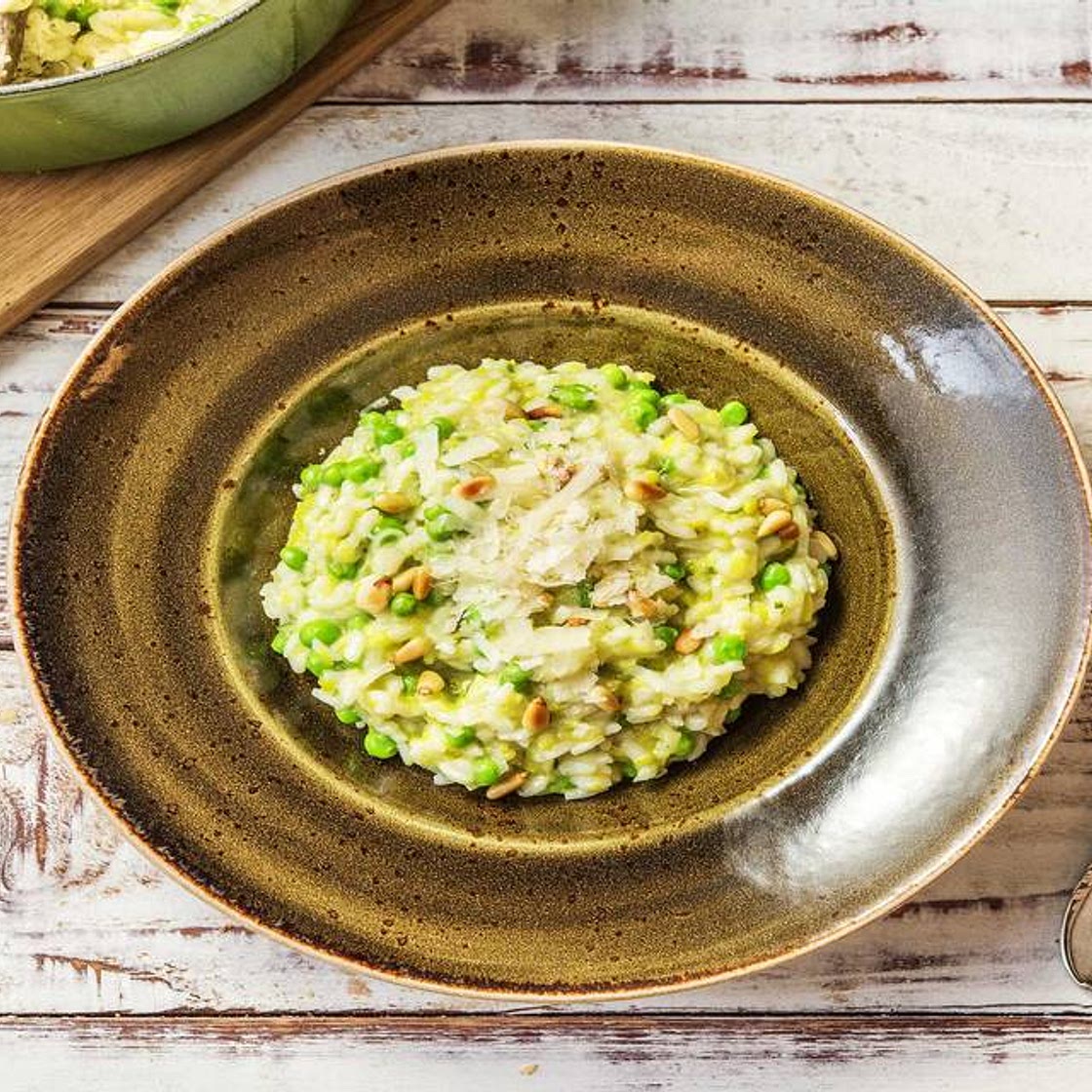 Leek and Pea Risotto with Toasted Pine Nuts