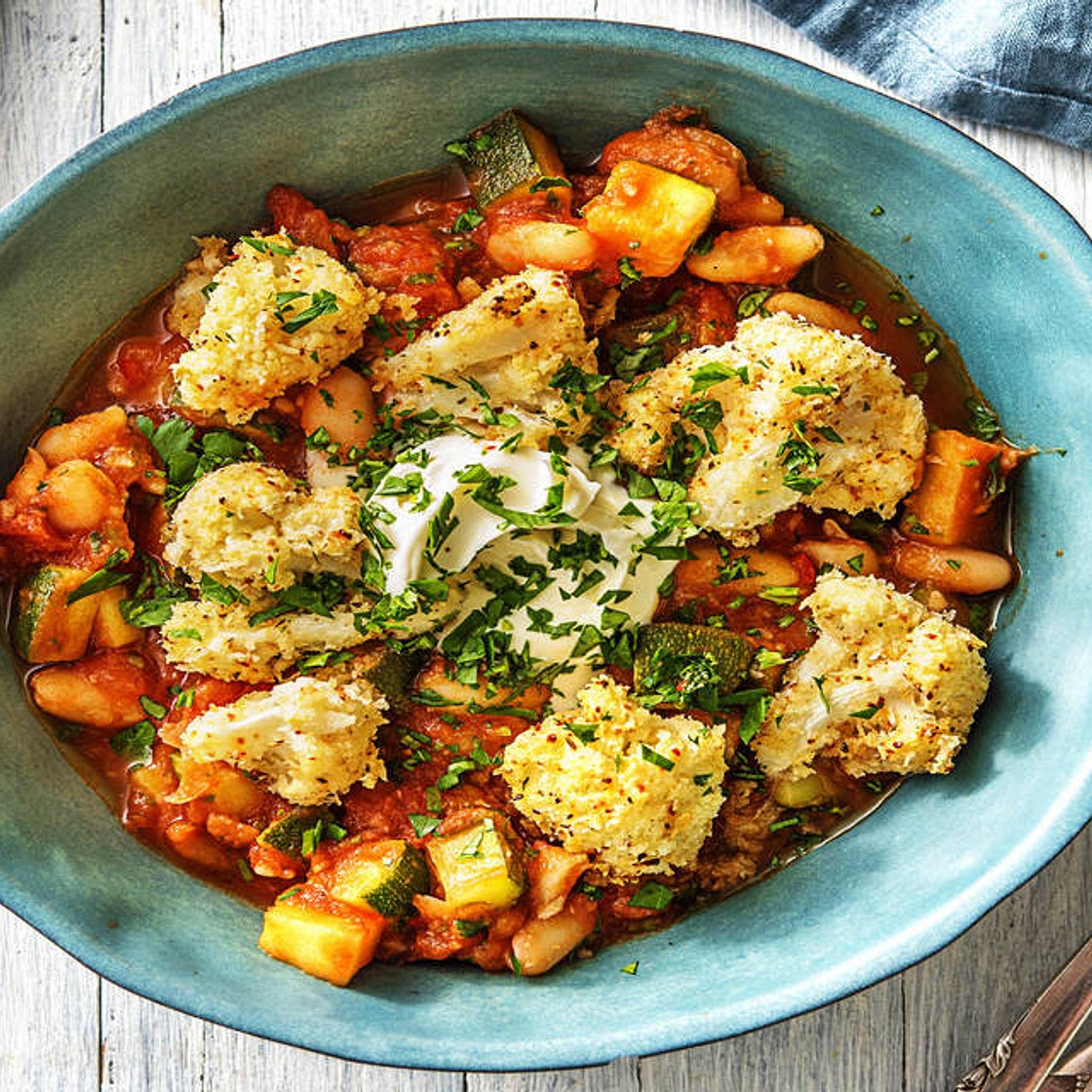 Crisp Cauliflower Nuggets with Spicy Bean Stew and Soured Cream