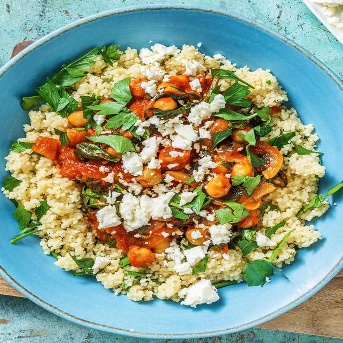 Spinach and Chickpea Moroccan Style Stew with Feta and Couscous