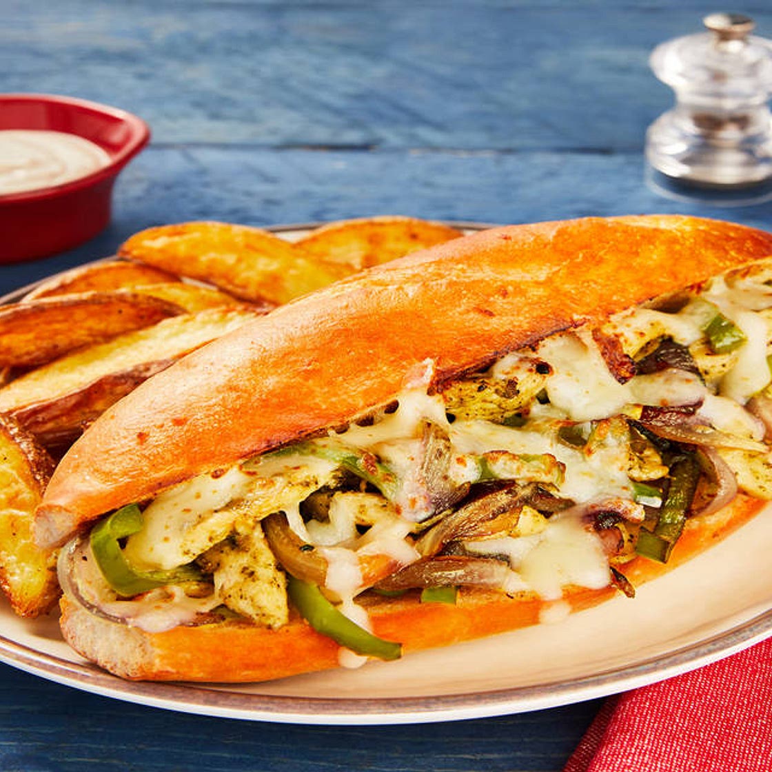 Italian Chicken & Pepper Sandos with Potato Wedges & Garlic Sauce