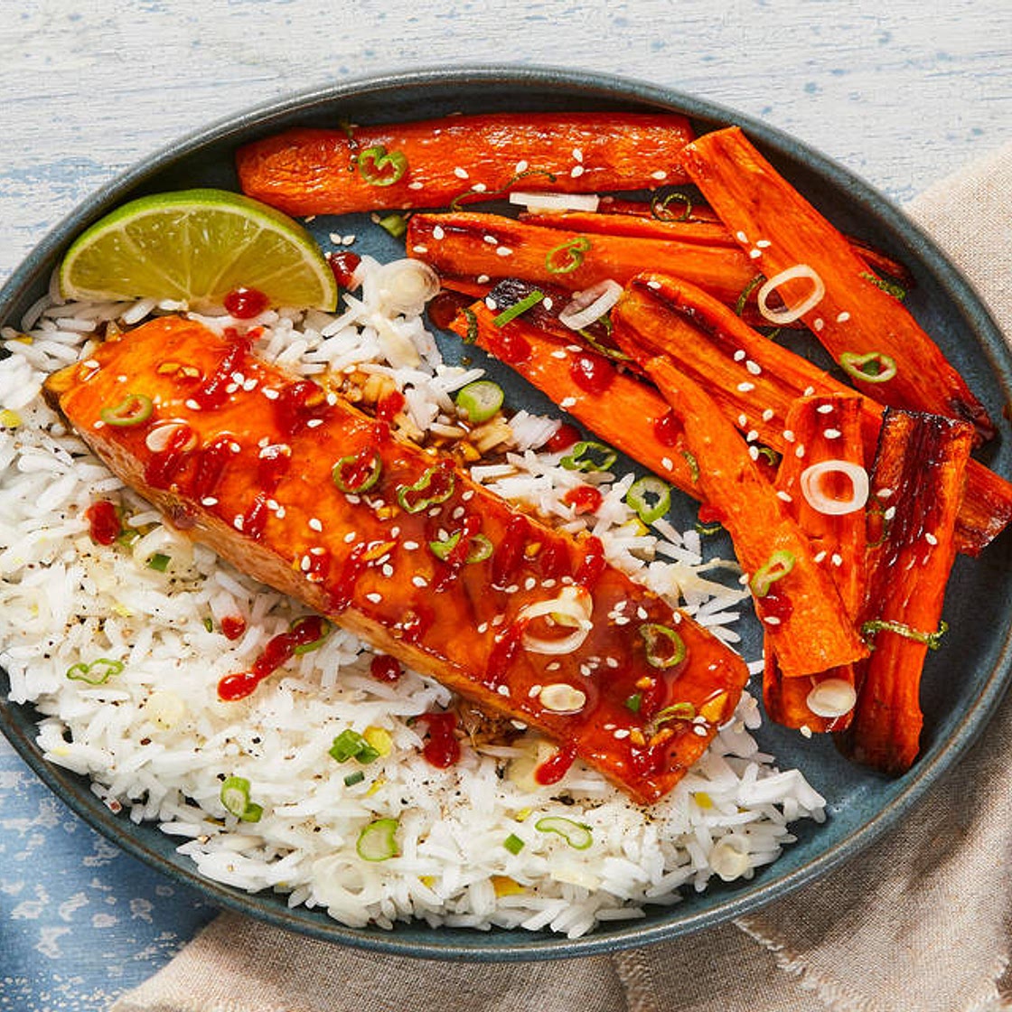 Zingy Mustard Soy Salmon with Pickled Scallions, Ginger Rice & Citrus Carrots