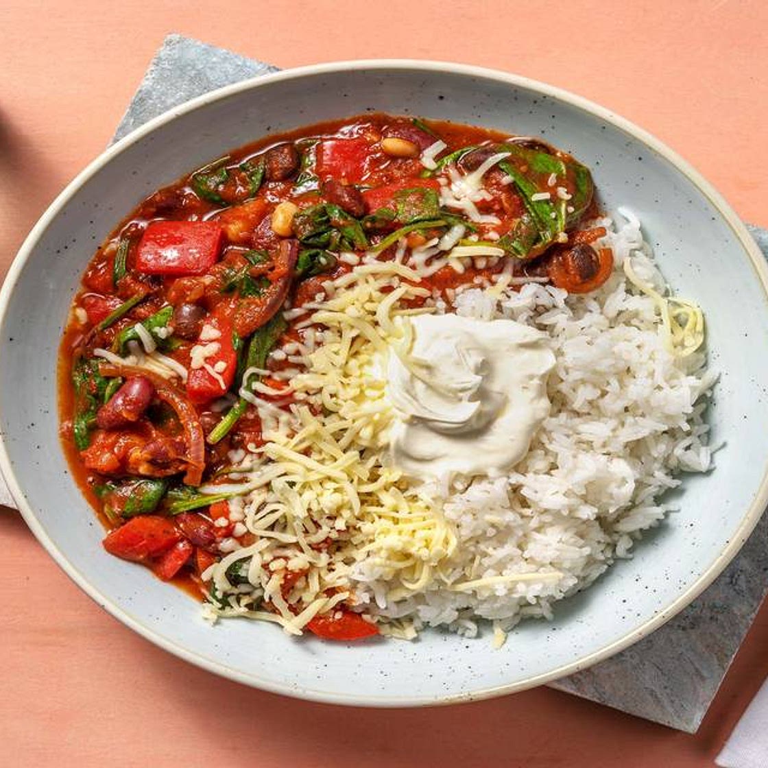 Speedy Veggie Beany Stew with Easy Rice, Cheese and Creme Fraiche
