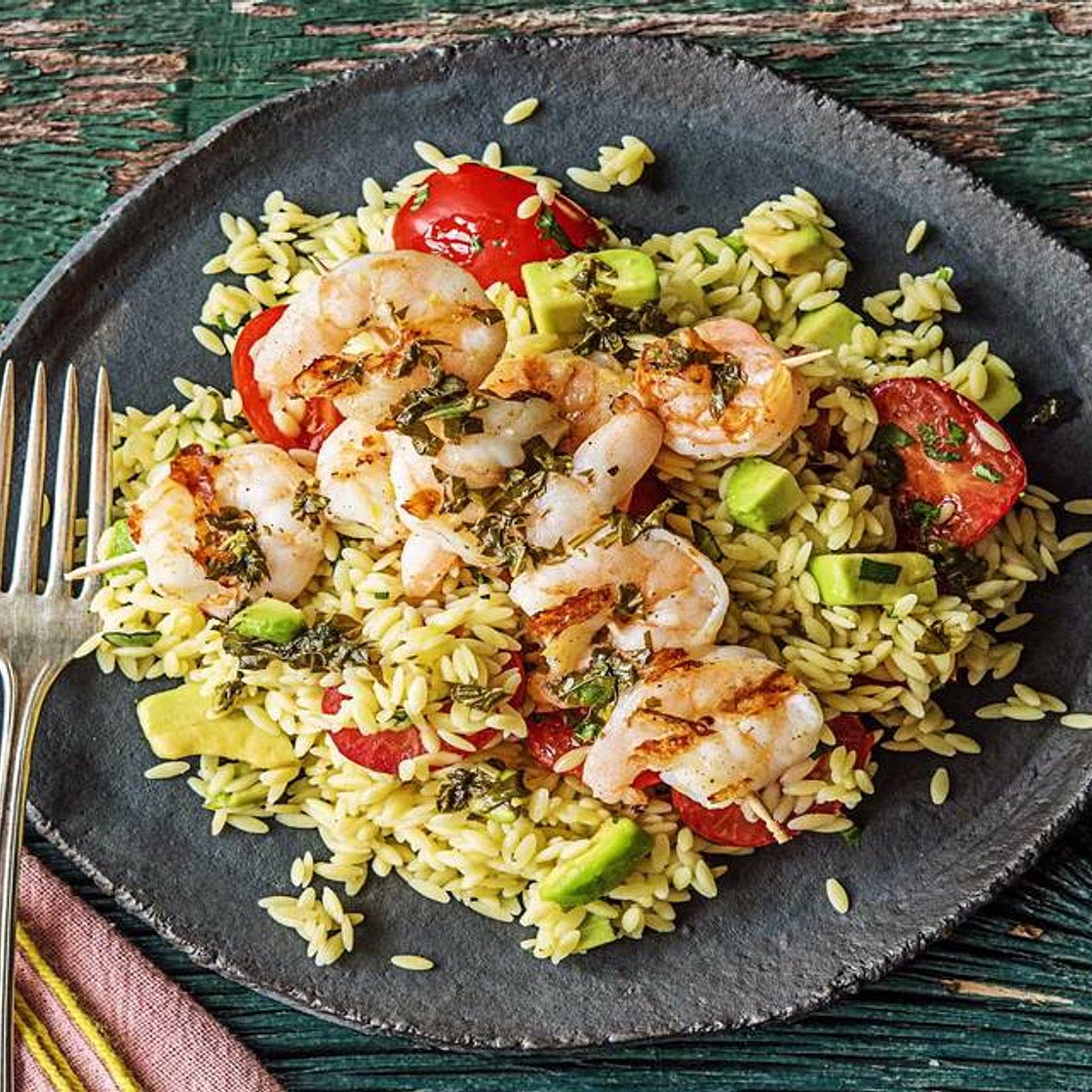 Lemon Basil Shrimp Skewers with Orzo and Avocado Salad