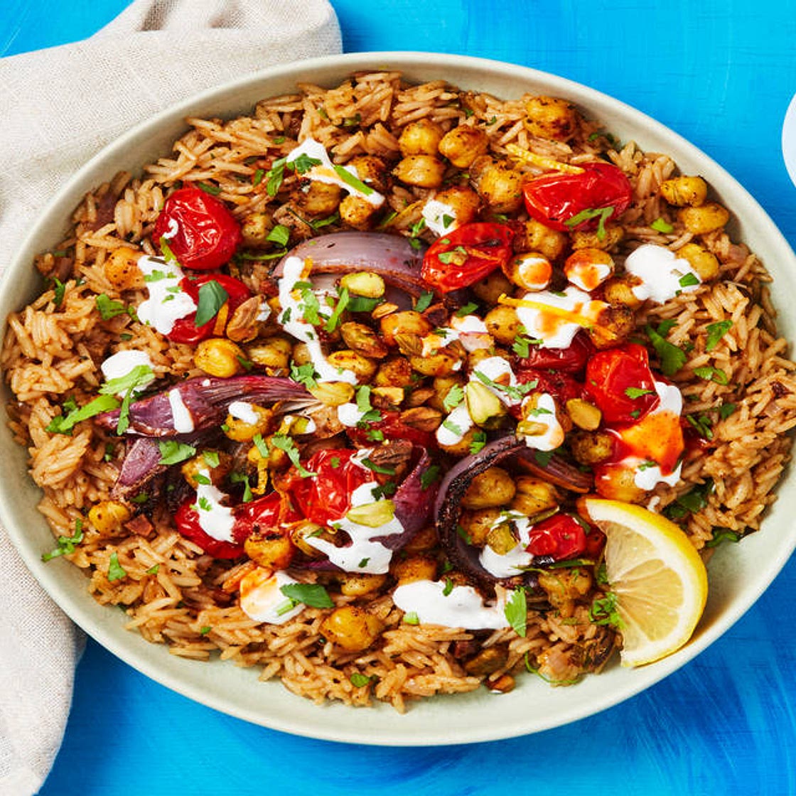 Middle Eastern Chickpea Bowls with Savory Pistachio Rice & Garlicky White Sauce