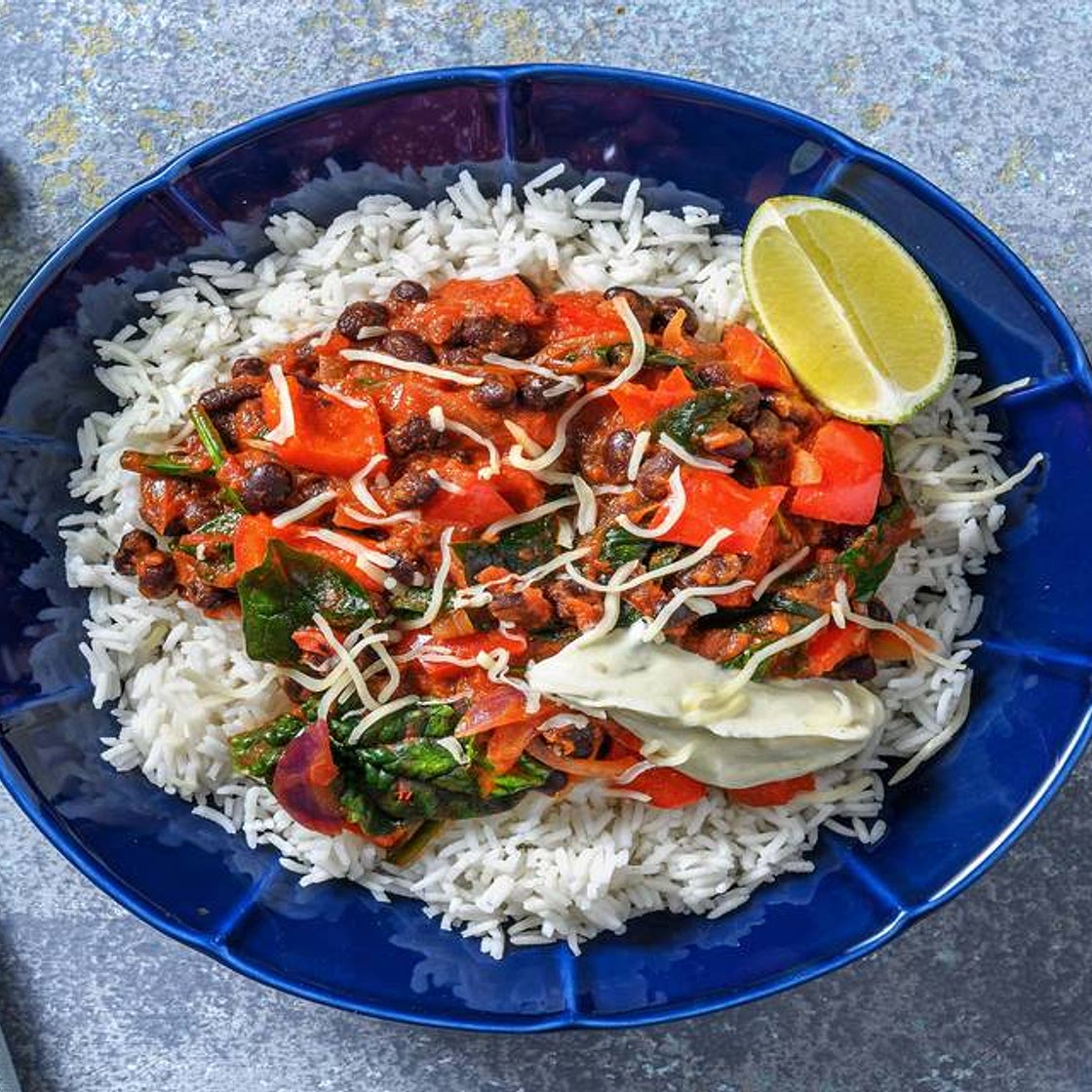 Speedy Veggie Beany Stew with Easy Rice, Cheese and Zesty Creme Fraiche