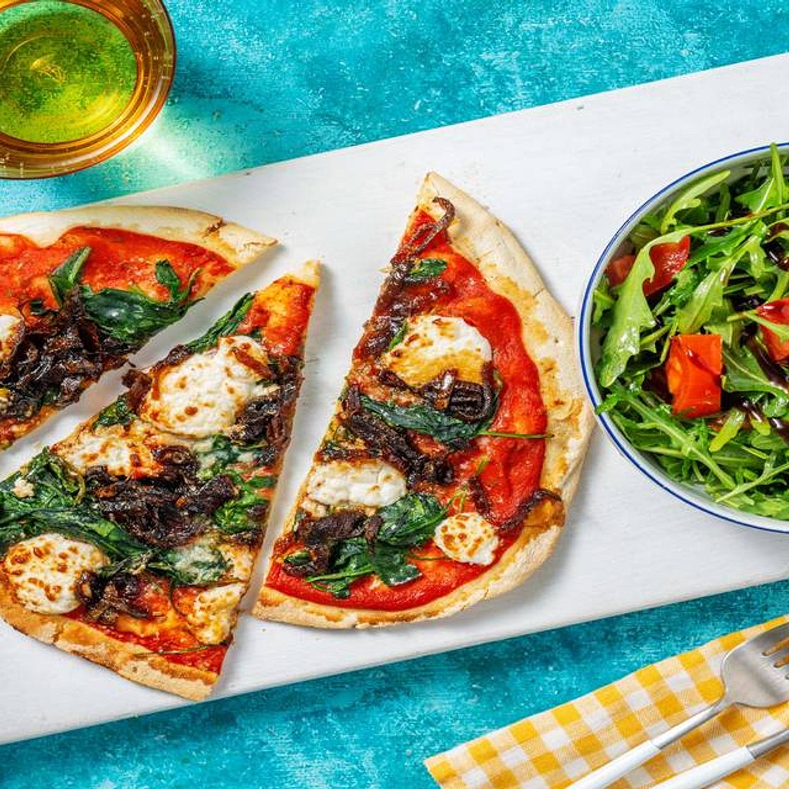 Goat's Cheese & Caramelised Onion Naanizza with Spinach and Balsamic Rocket Salad