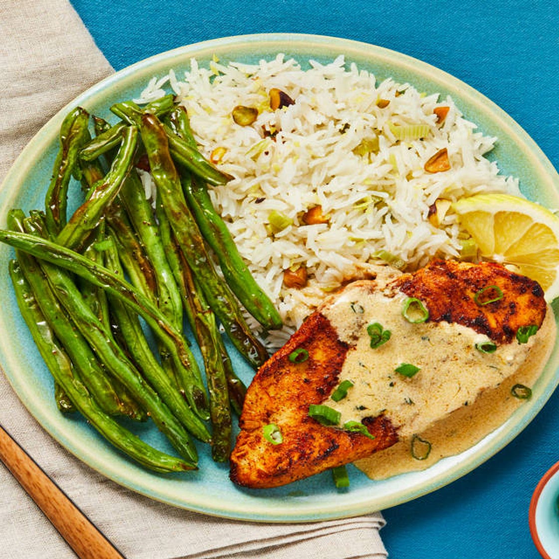 Paprika Chicken in a Lemony Sauce with Pistachio Rice & Roasted Green Beans