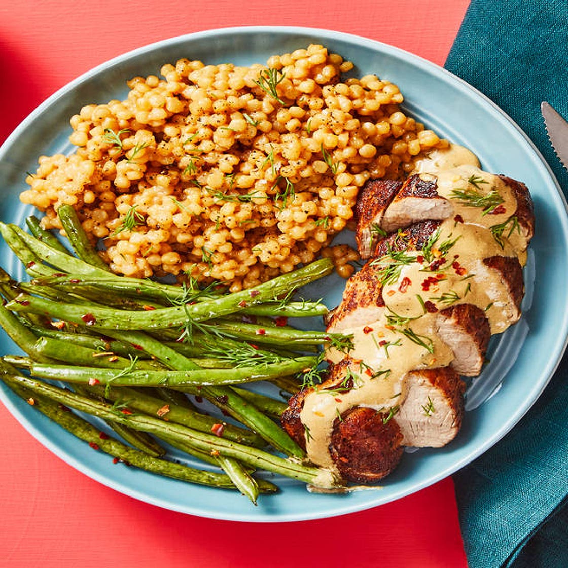 Creamy Dill Pork Tenderloin with Couscous & Green Beans
