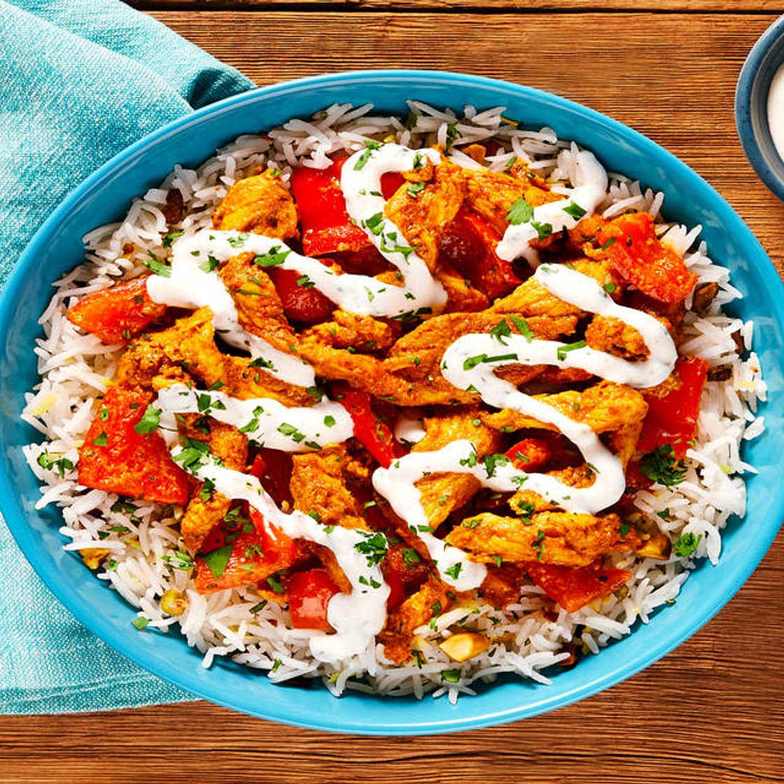 Street-Cart-Style Chicken Shawarma Bowls with Bell Pepper, Pistachio Rice & Creamy Cilantro Sauce