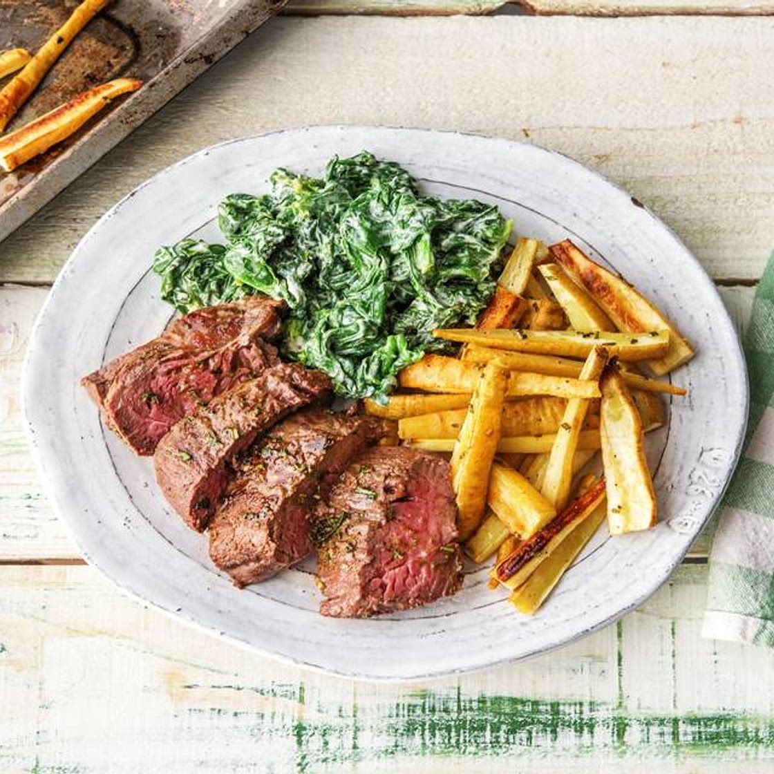 Butter-Basted Sirloin Steak with Parsnip Wedges and Creamed Spinach