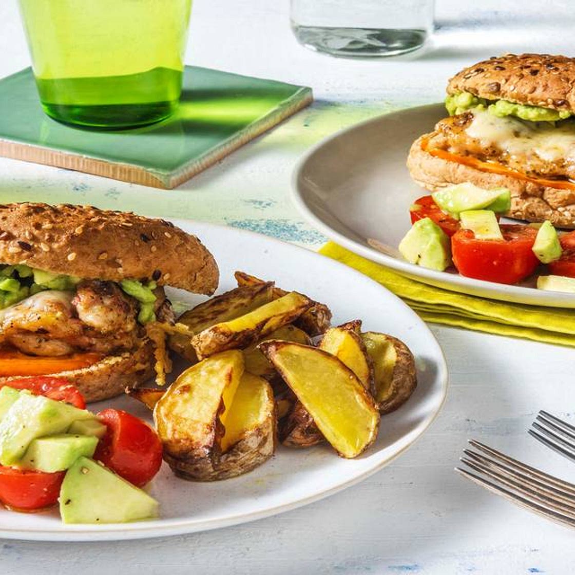 Mexican Cheesy Chicken Burger with Guacamole, Salad and Wedges