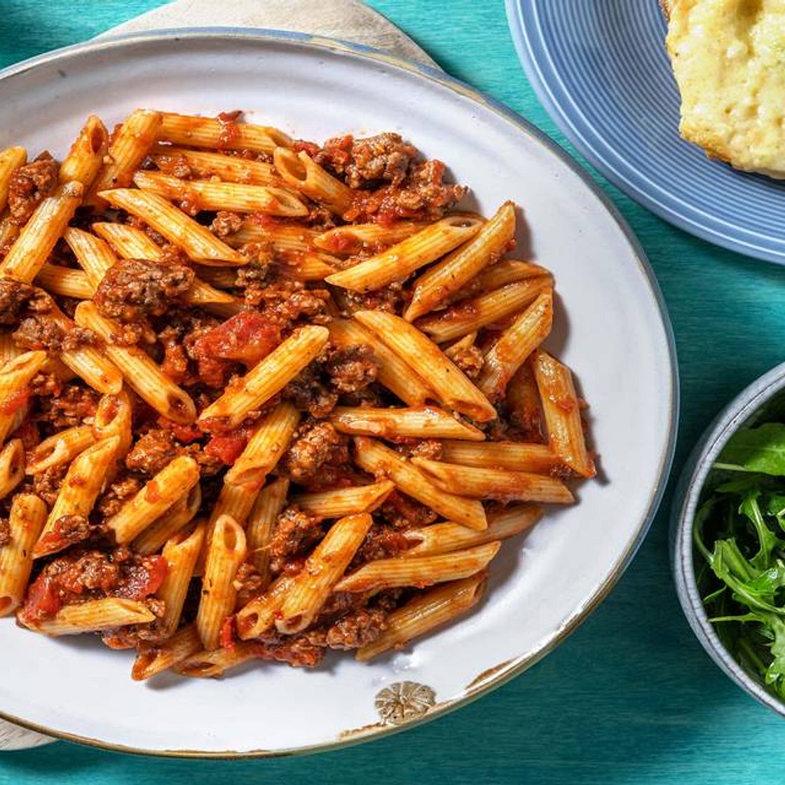 Beef Ragu Penne with Cheesy Garlic Bread
