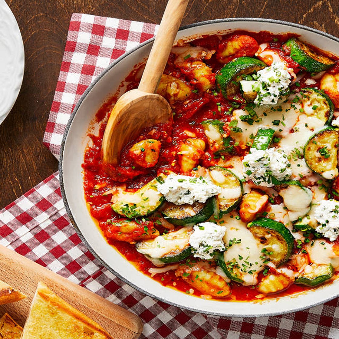 Cheesy Baked Gnocchi with Zucchini, Herby Ricotta & Garlic Bread