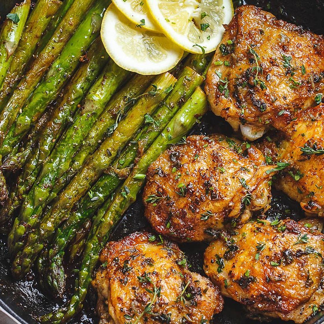 Garlic Herb Butter Chicken Thighs with Asparagus