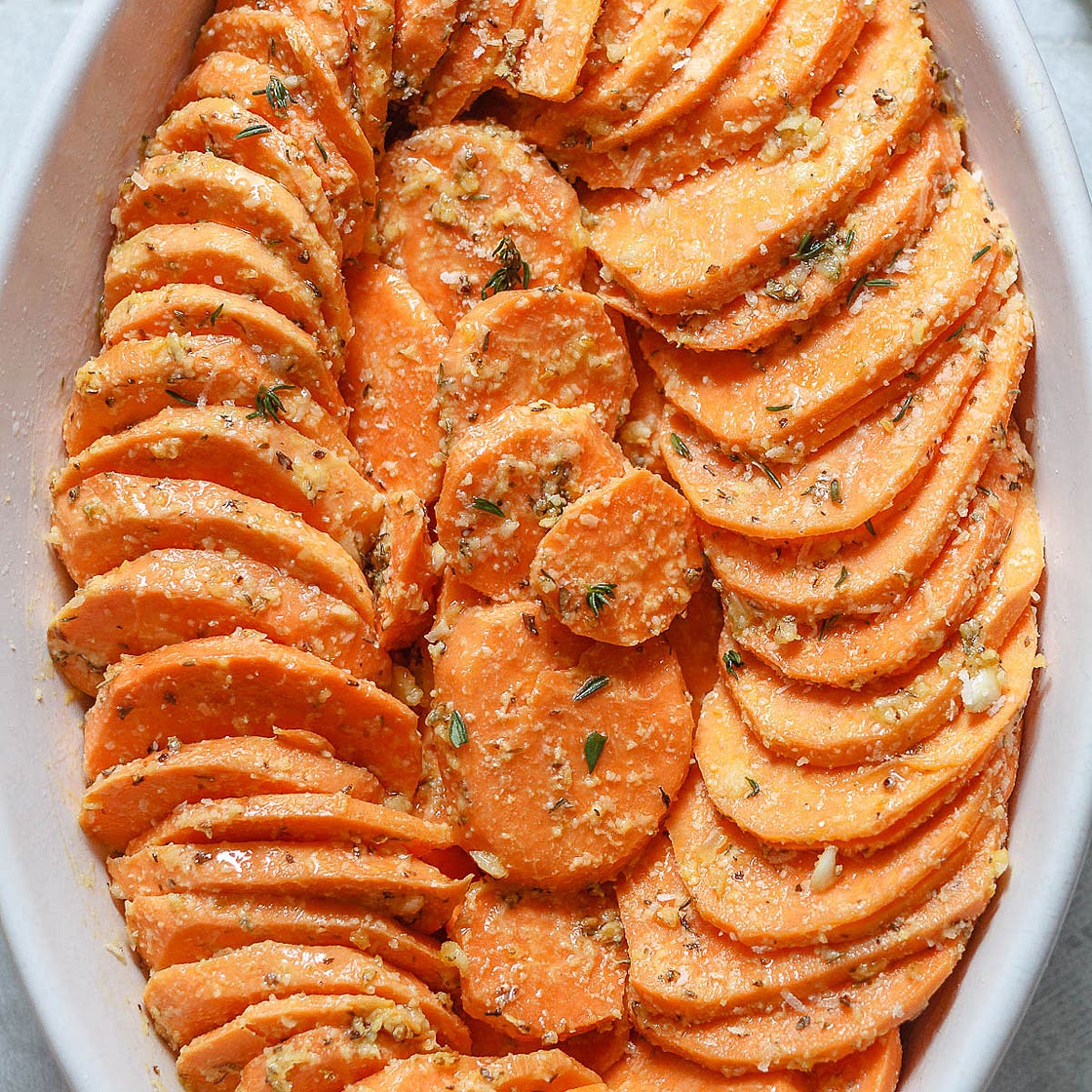 Roasted Sweet Potatoes with garlic and Parmesan
