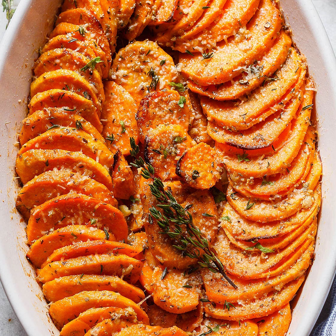Roasted Sweet Potatoes with garlic and Parmesan