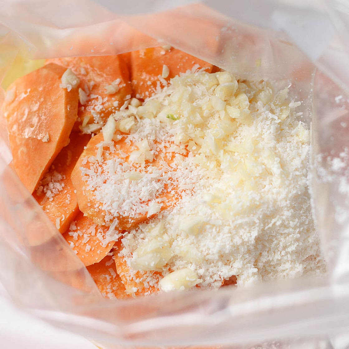 Roasted Sweet Potatoes with garlic and Parmesan