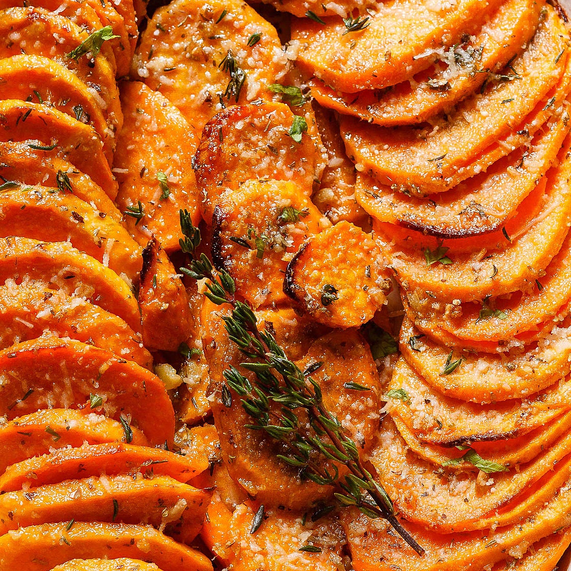 Roasted Sweet Potatoes with garlic and Parmesan