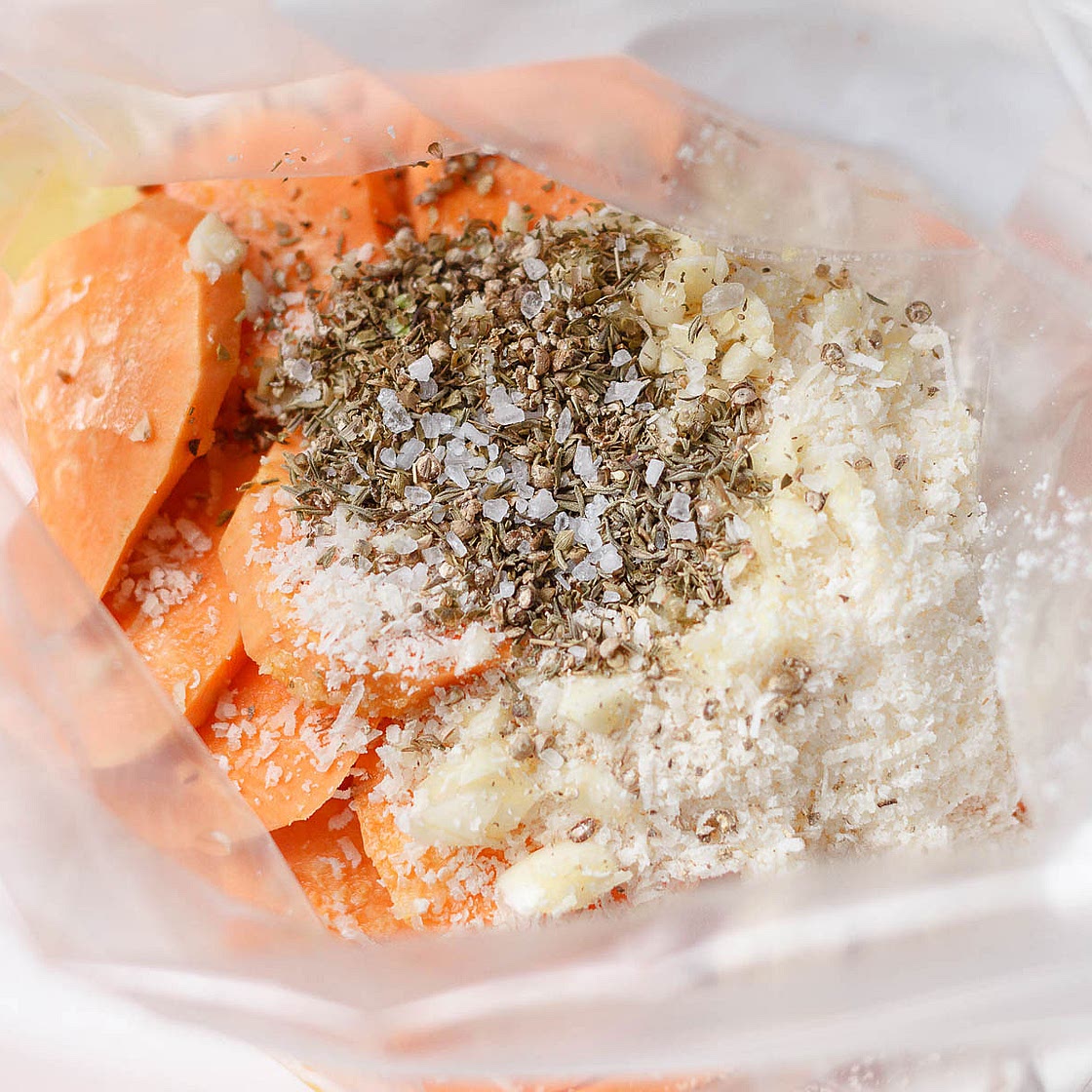 Roasted Sweet Potatoes with garlic and Parmesan