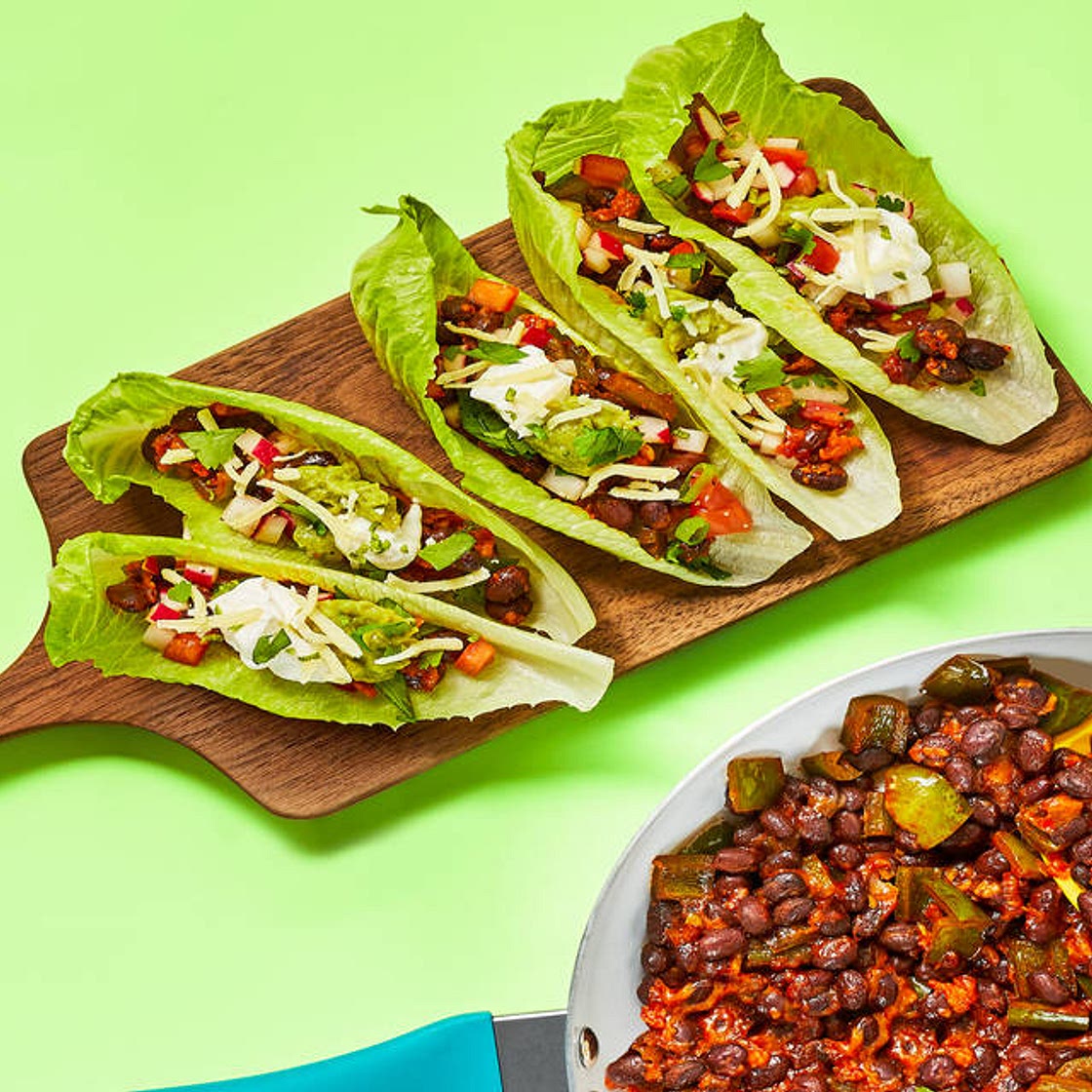 One-Pan Bean & Poblano Lettuce Wraps with Radish Tomato Salsa, Cheese & Guacamole