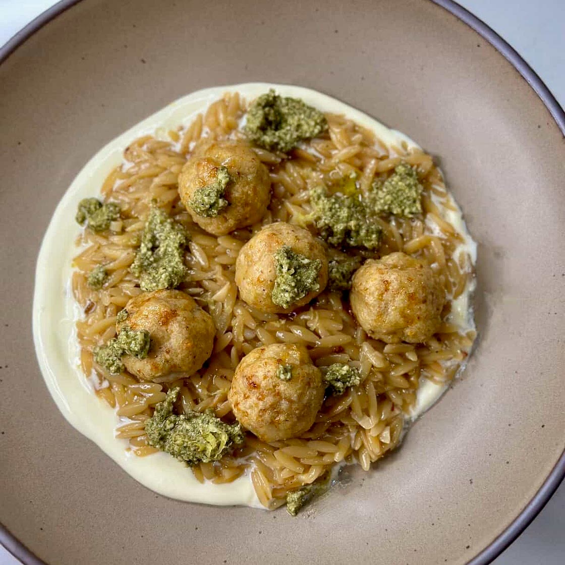 Whipped Ricotta Lemon Orzo with Chicken Meatballs and Pesto