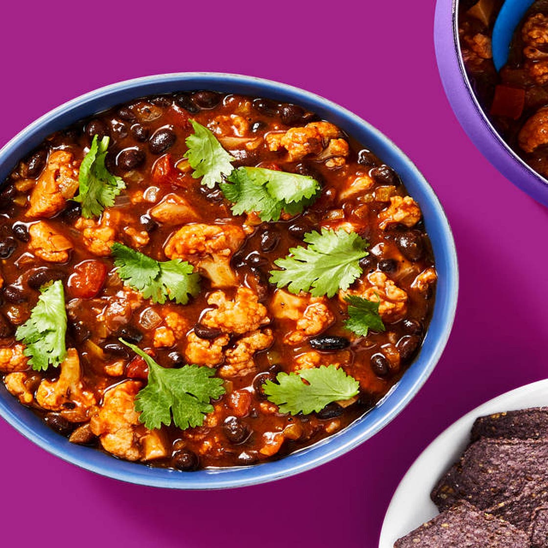 One-Pot Vegan Cauliflower & Bean Soup with Cilantro & Blue Corn Tortilla Chips