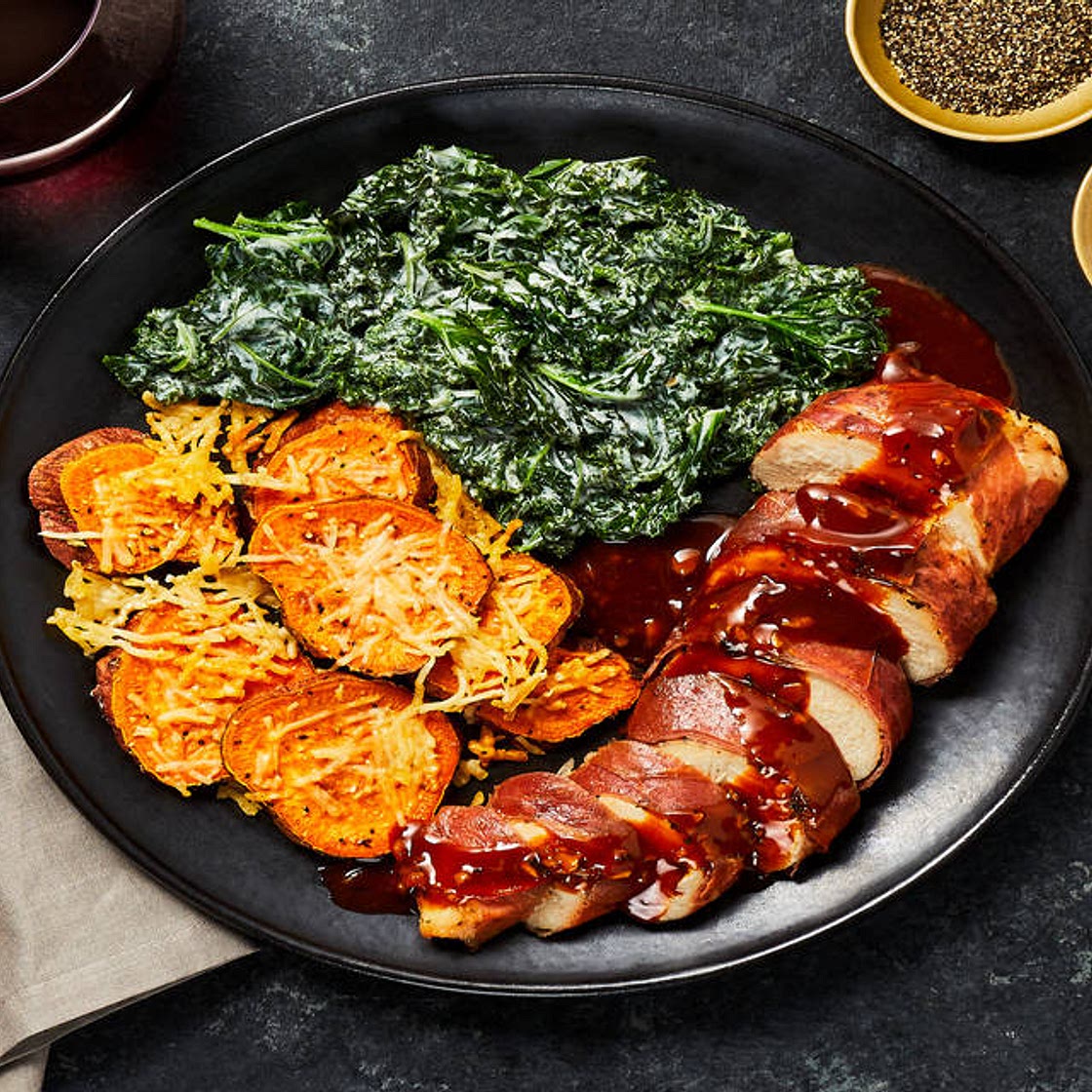 Garlic Dijon Prosciutto-Wrapped Chicken with Creamed Kale & Parmesan Shingled Sweet Potatoes