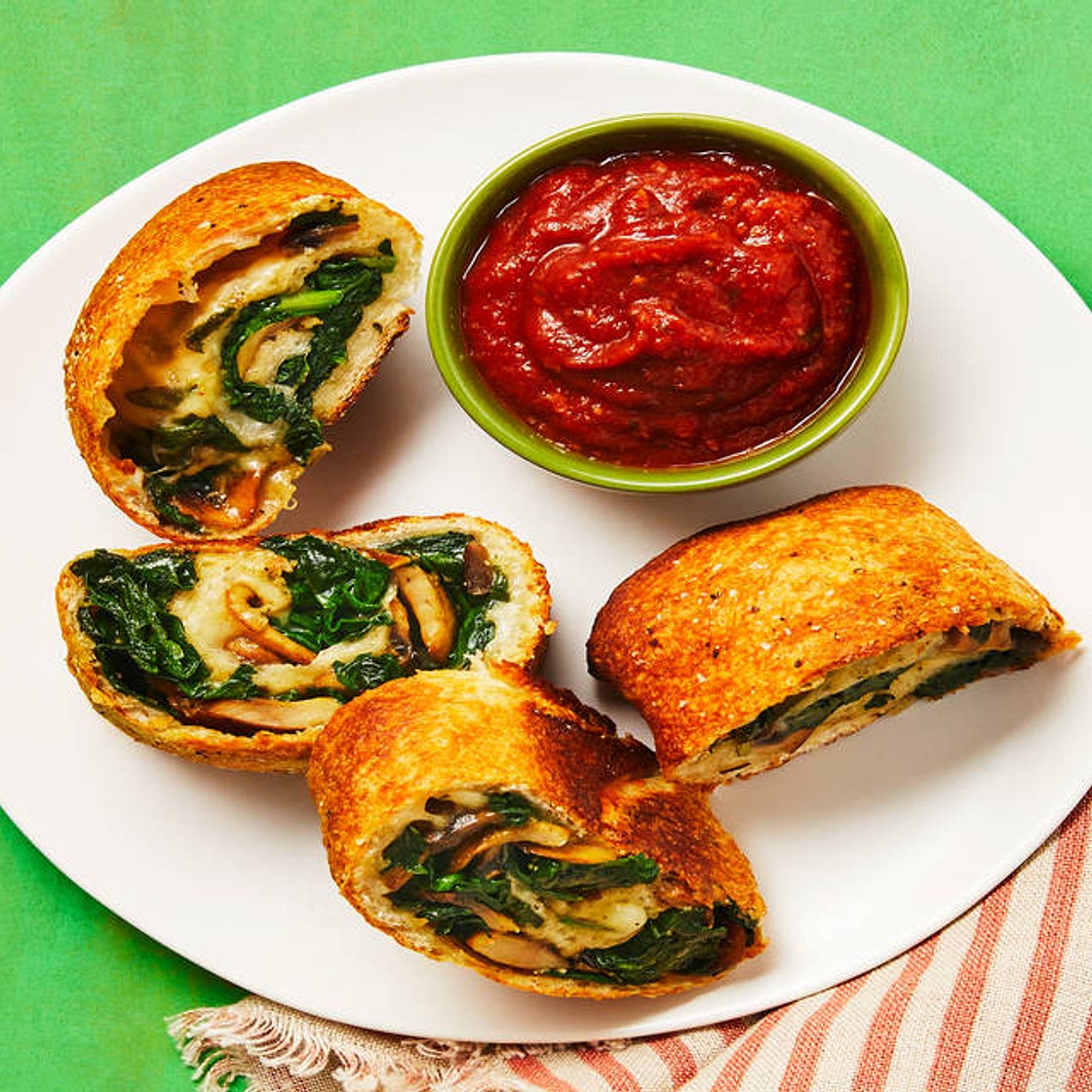 Cheesy Spinach & Mushroom Stromboli with Marinara Sauce