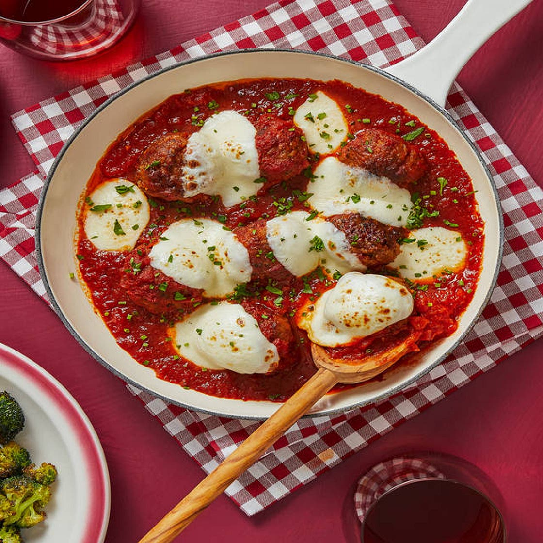 Italian Sunday Supper with Parmesan Pork Meatballs, Buttered Tortelloni, Lemony Broccoli, and Garlic Ciabatta