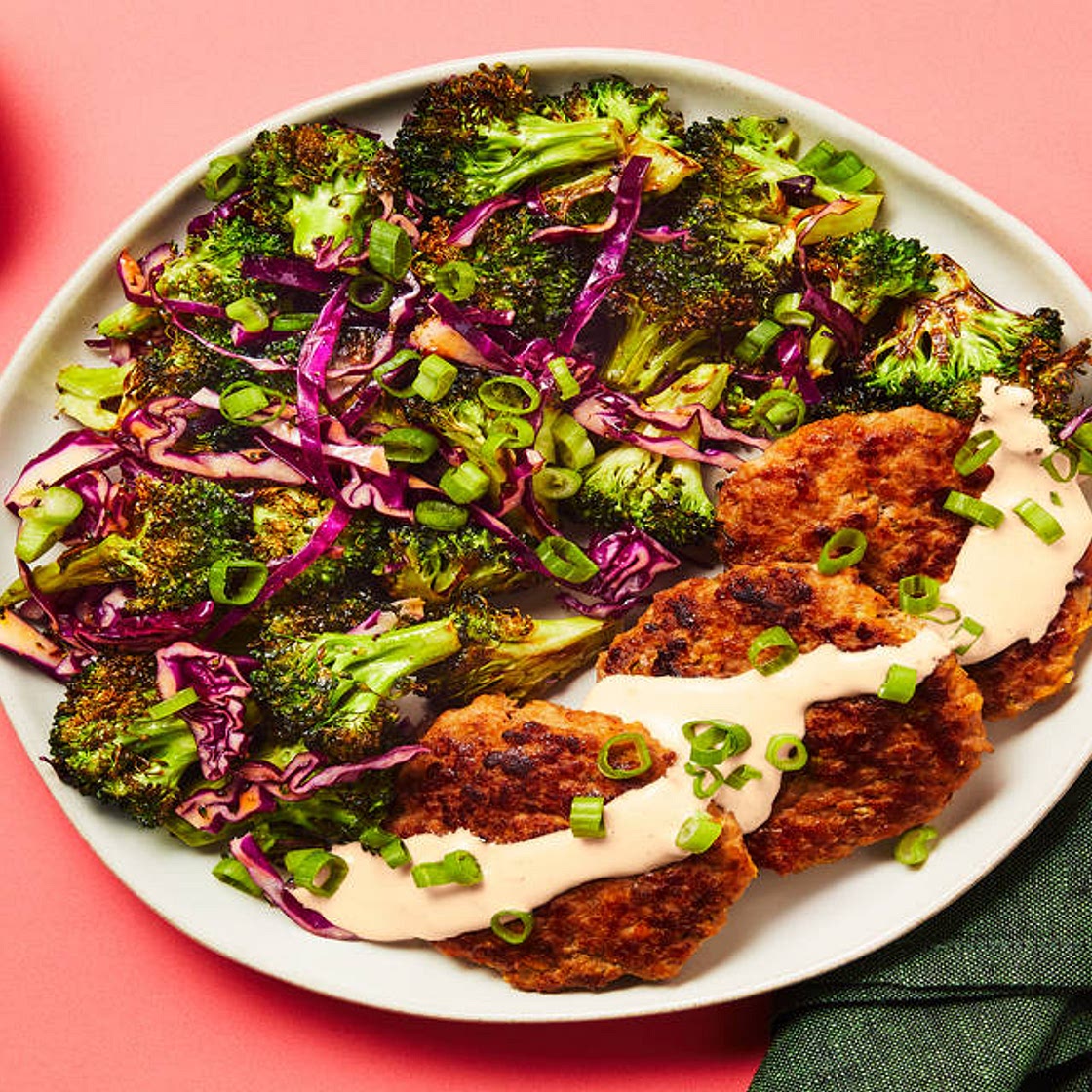 Ginger-Ponzu Turkey Patties with Broccoli Cabbage Salad & Sweet Chili Mayo