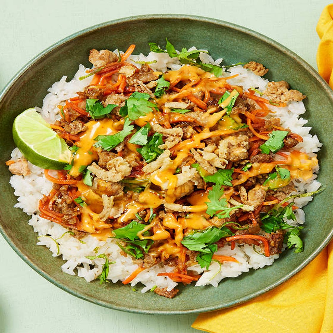 Sesame-Soy Pork Bowls with Chili Mayo, Cilantro & Crispy Onions