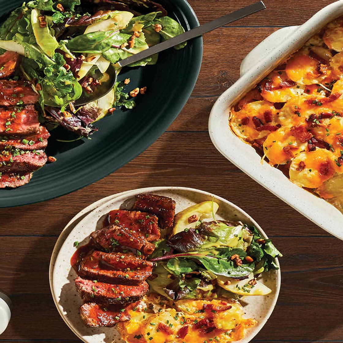 Beef Au Poivre & Cheesy Potato Gratin with a Pear & Pecan Salad