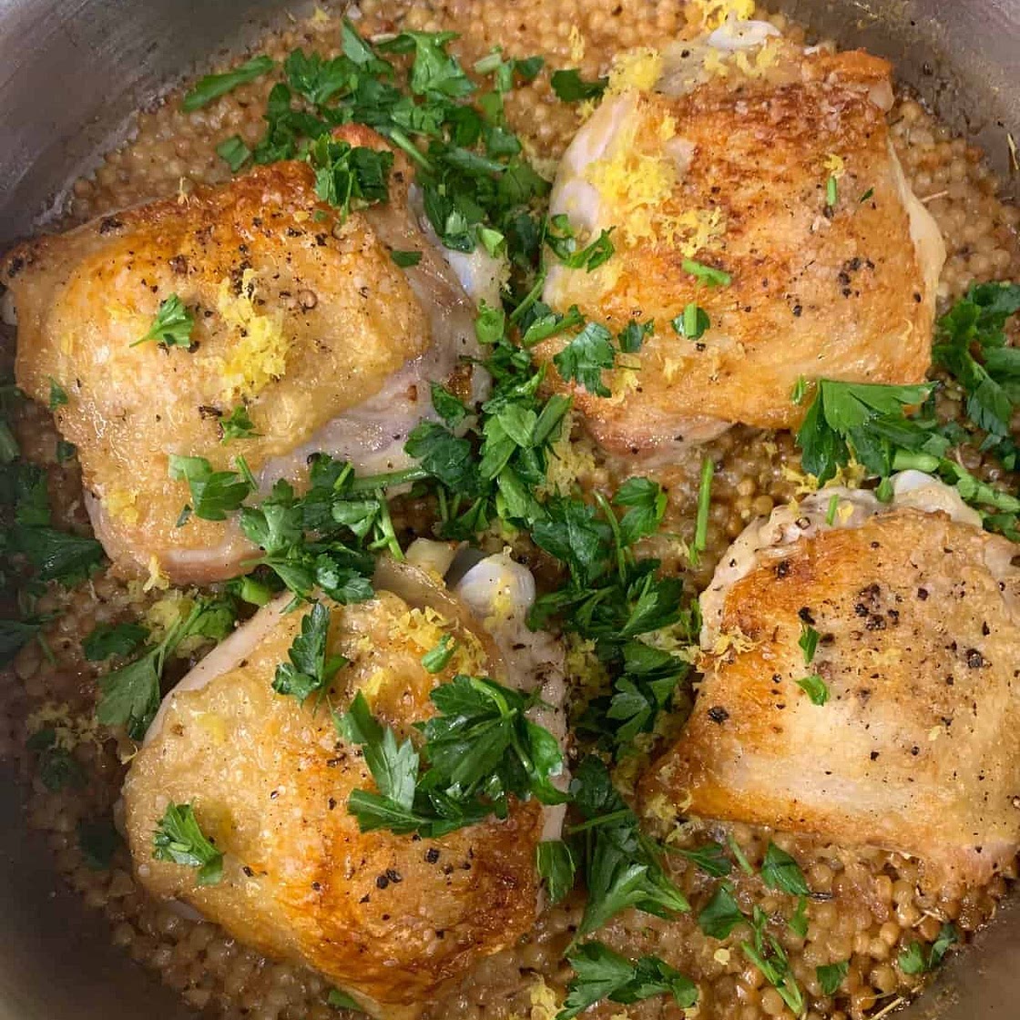 One Pan Crispy Chicken Thighs with Lemon Couscous