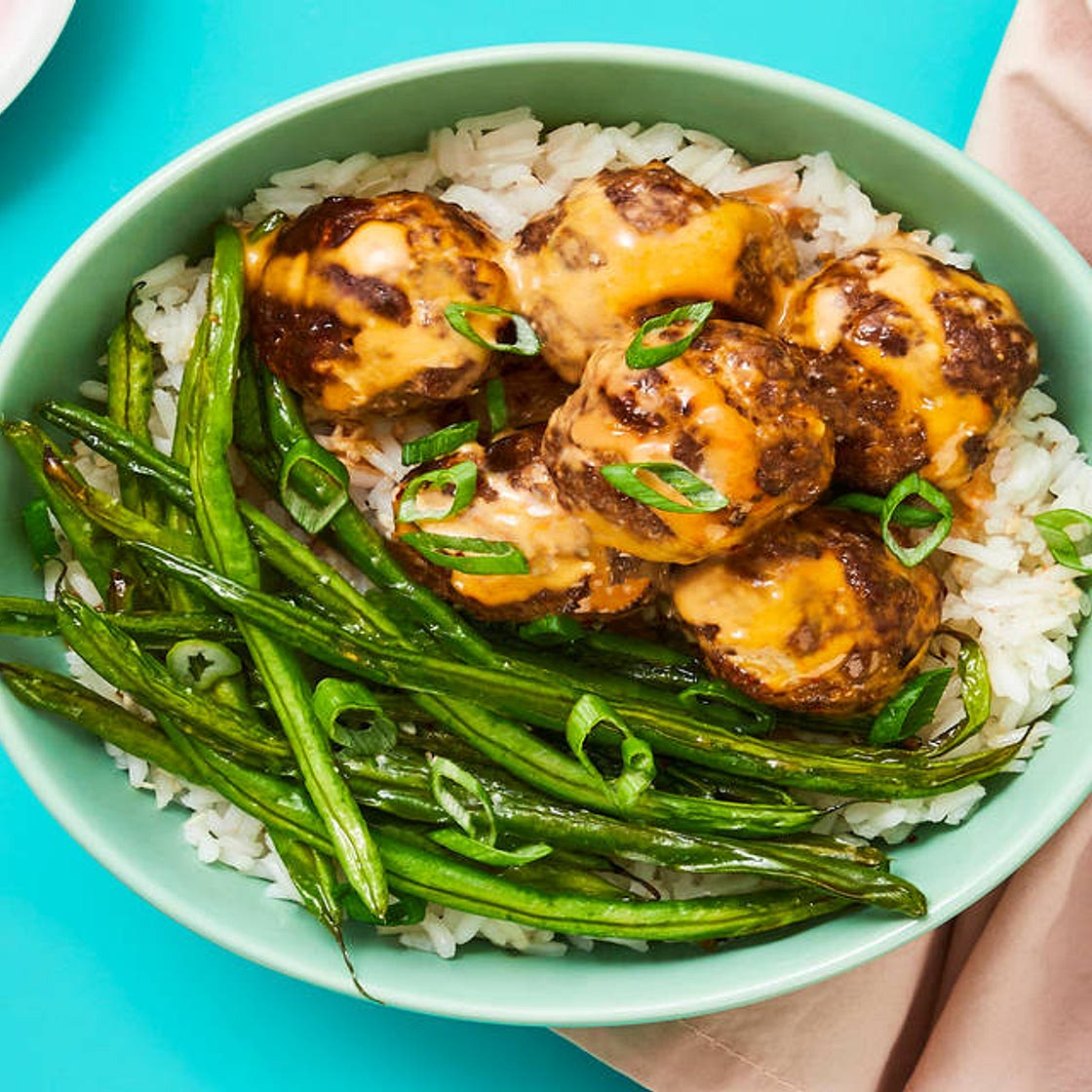 Firecracker Meatballs with Roasted Green Beans & Jasmine Rice