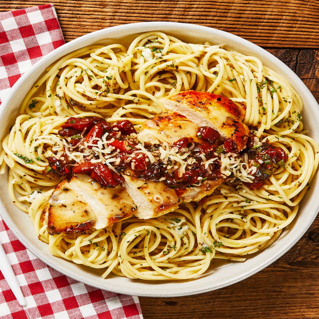 Balsamic Tomato & Herb Chicken over Buttery Garlic Spaghetti