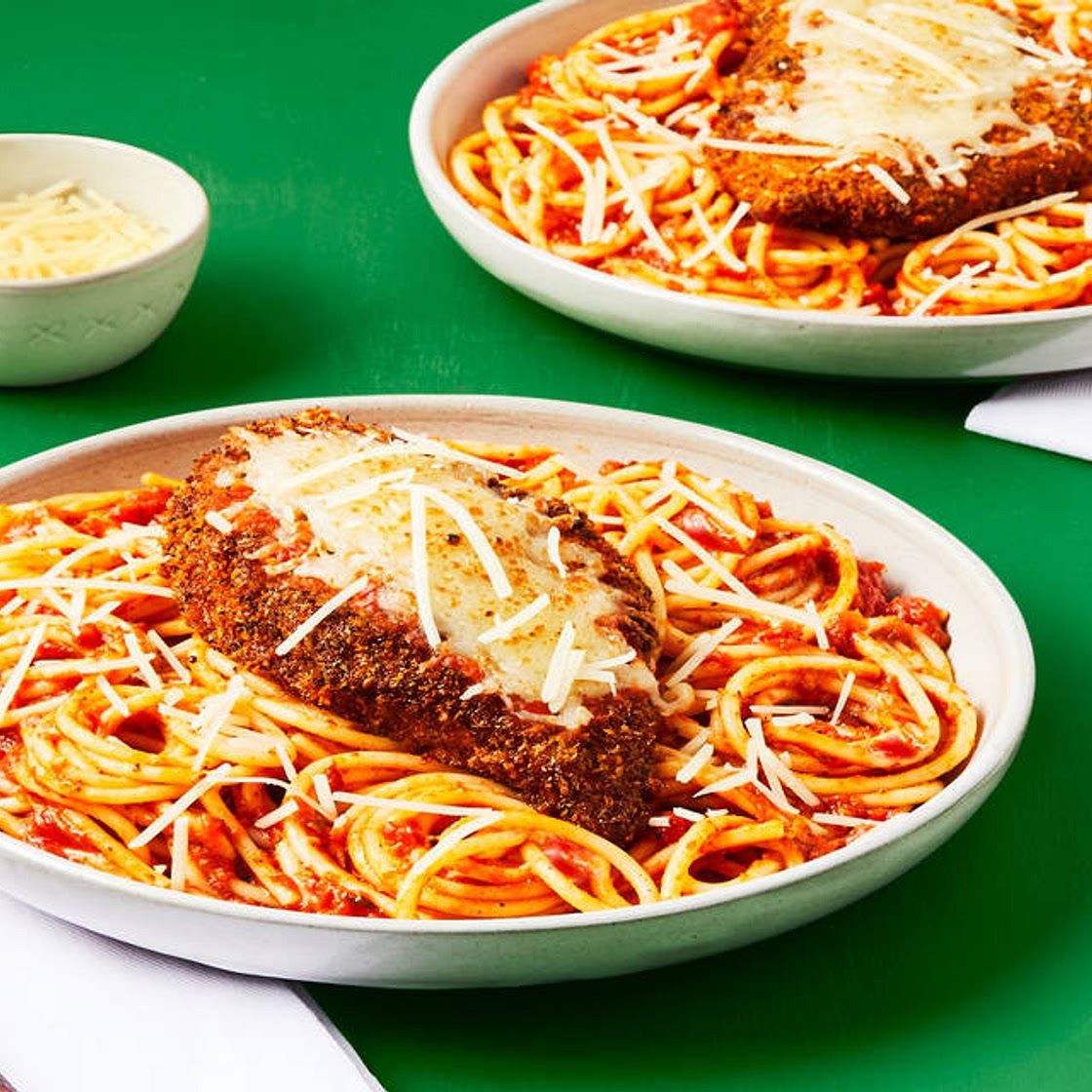 Chicken Parm Over Spaghetti with Garlic Marinara & Melty Mozz