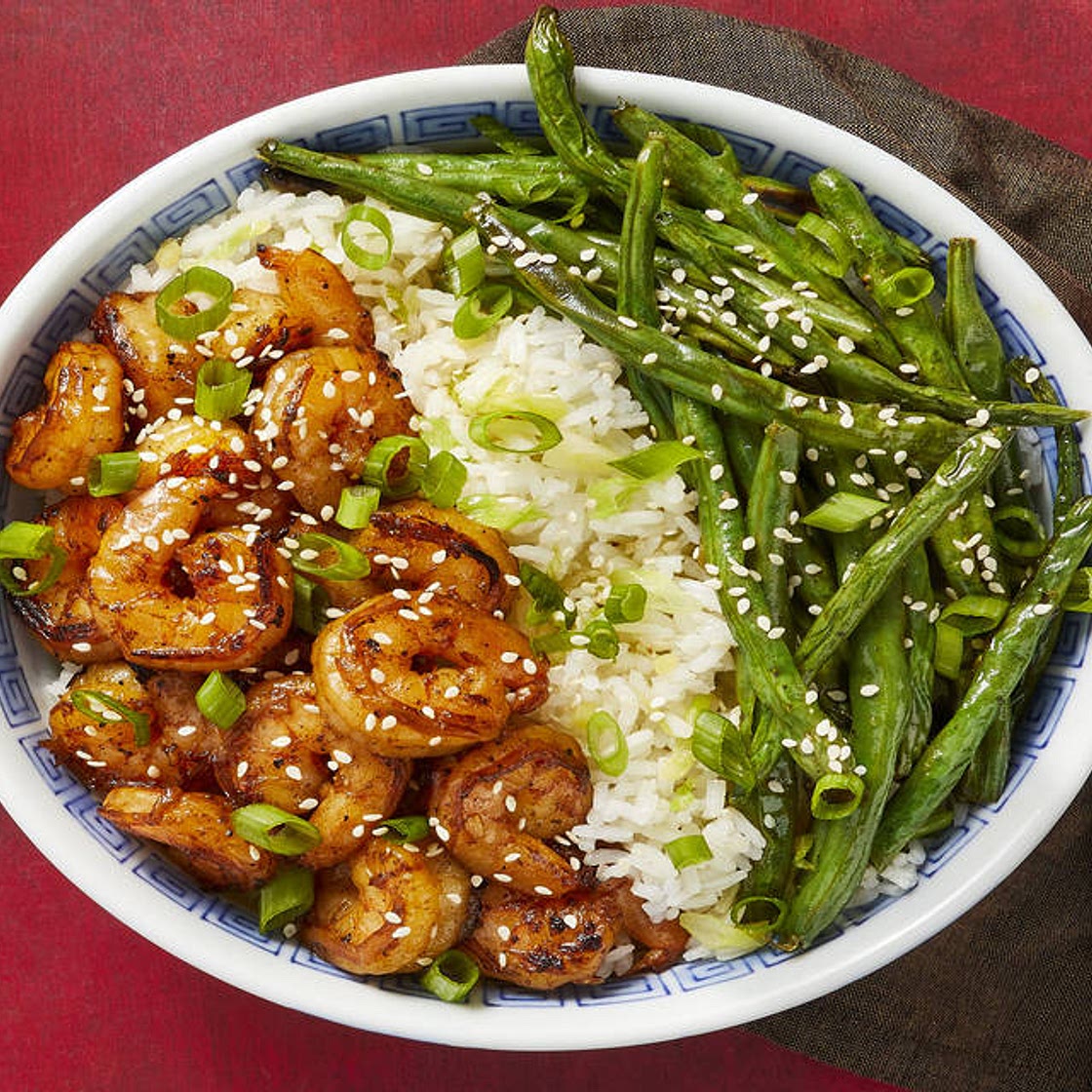 Sizzling Hoisin Shrimp with Ginger Scallion Rice & Crispy Green Beans